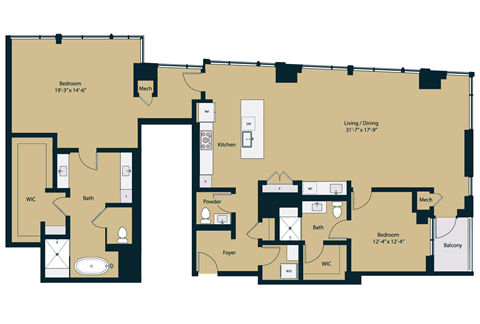 Floor plan for 2 beds, 2.5 baths, 2137 sqft